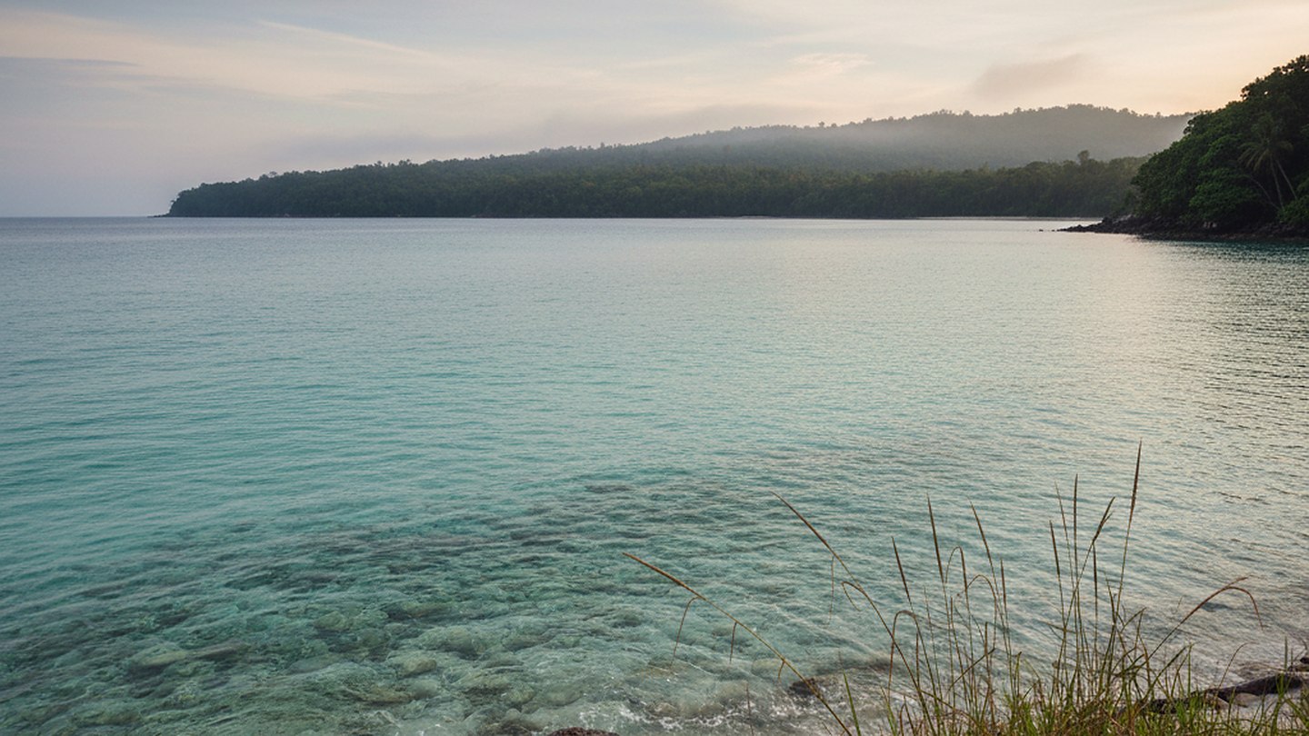 A wide bay in flat afternoon light with a low headland and shallow water in the foreground