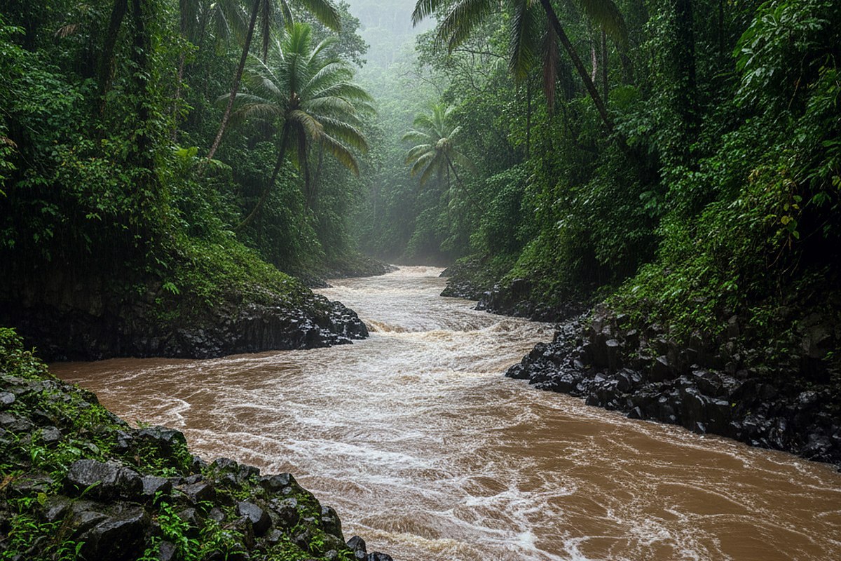 Dense wet rainforest with tree ferns and hanging vines under flat grey light