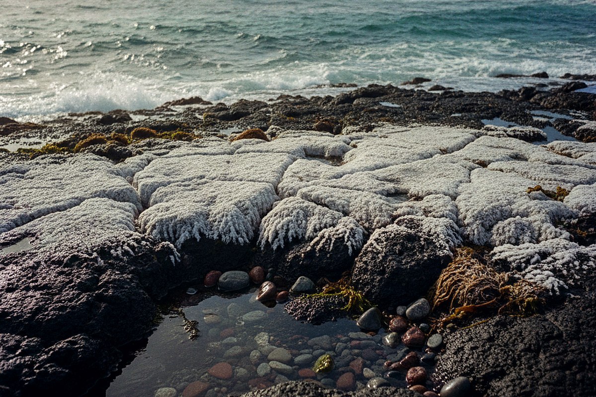 A dark lava shelf with a distinct wet line showing how far the water reaches