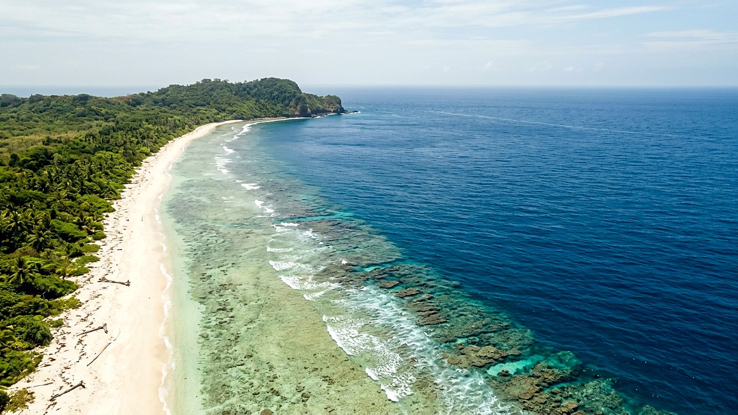 A long curve of coastline seen from above with reef bands running parallel to a pale beach