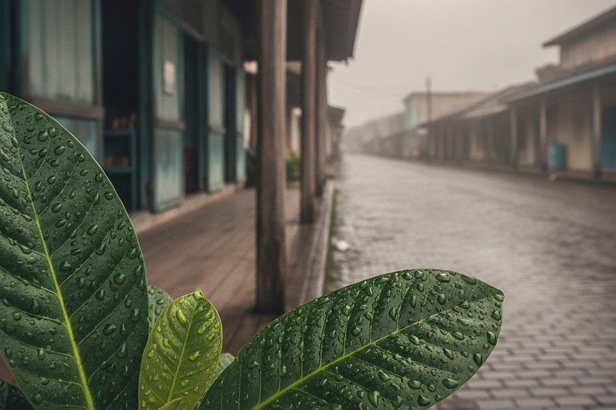 Rain beading on broad tropical leaves with a wooden shopfront porch soft behind them