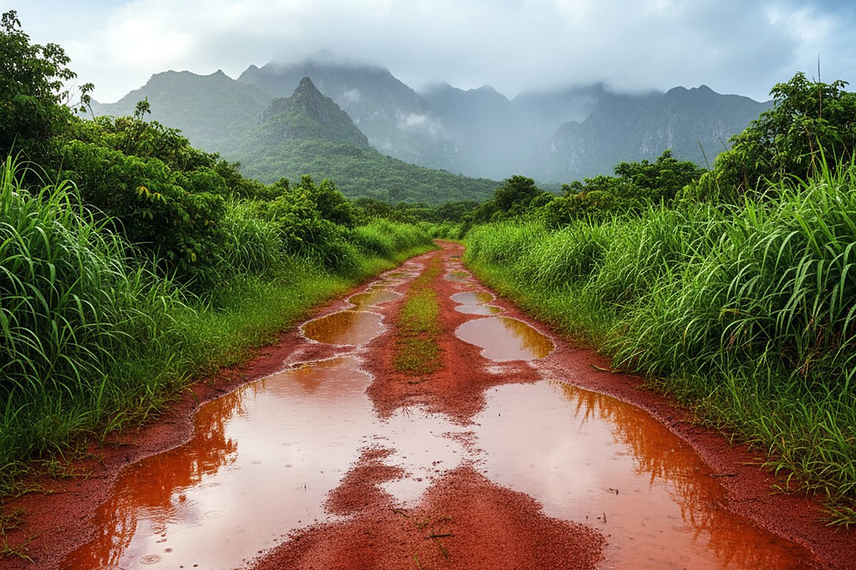 Wet red earth road cut through tall grass with mountains under cloud in the distance