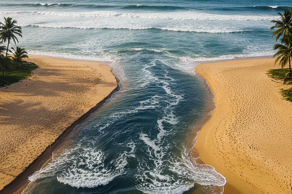 A sandy channel of darker water running seaward between two areas of breaking surf