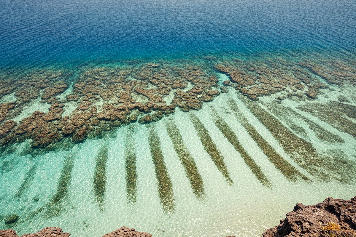 Midday water seen from above showing bands of sand, reef and deep channel in separate colours