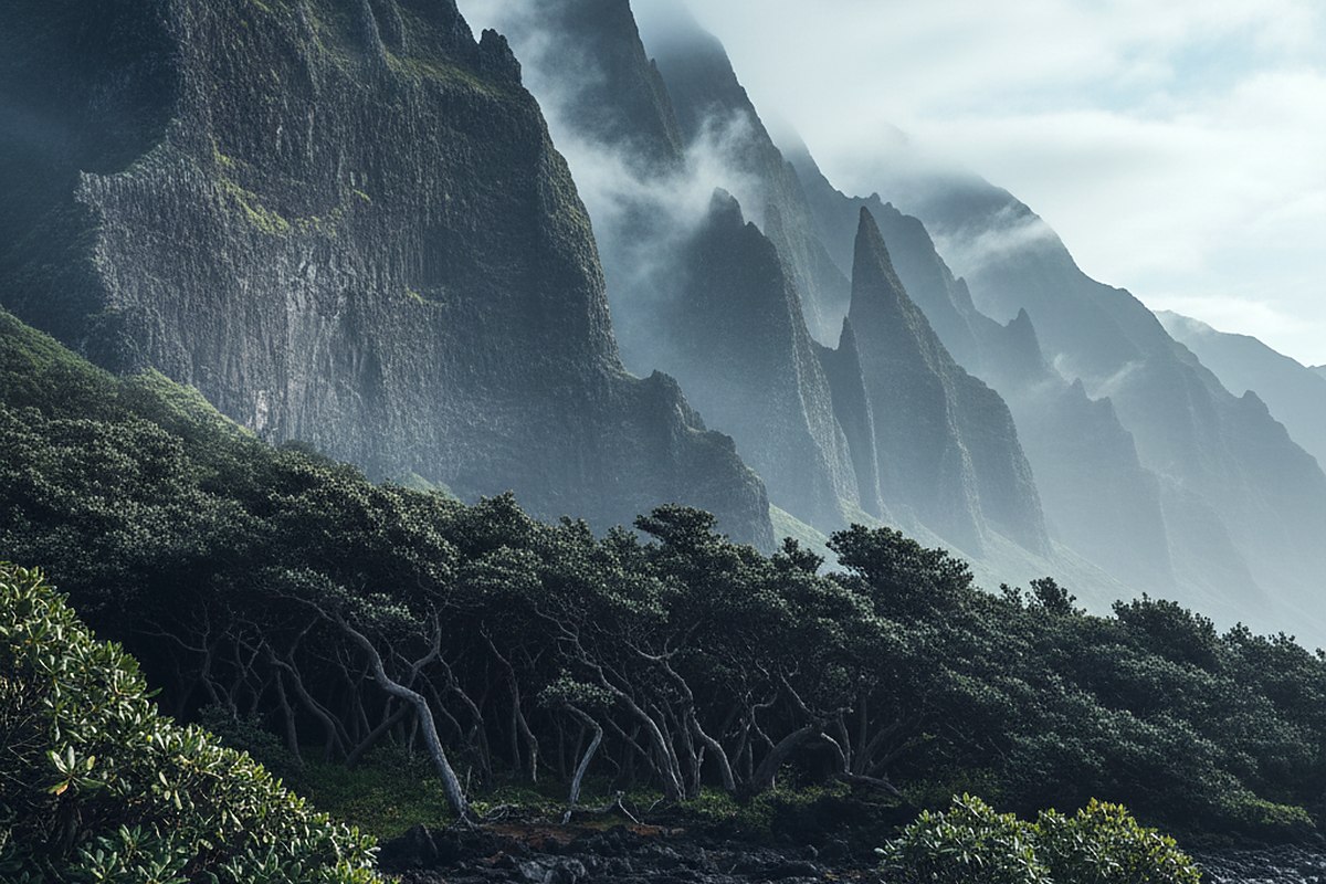 Deeply fluted volcanic cliffs half hidden in morning cloud above a line of ironwood trees