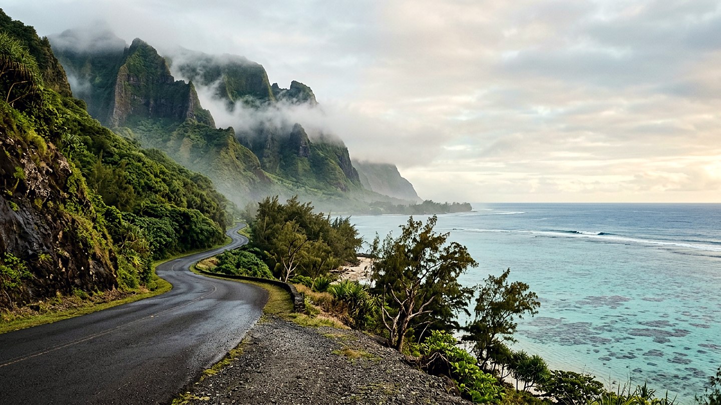 A green mountain wall in low cloud rising above a narrow coastal road and a turquoise reef flat
