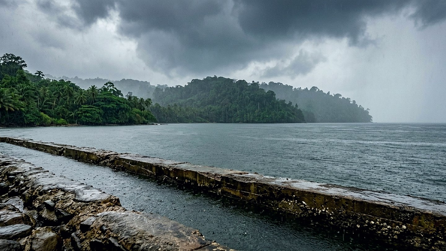 A wide bay under heavy grey cloud with rain falling on dark water and a green headland beyond