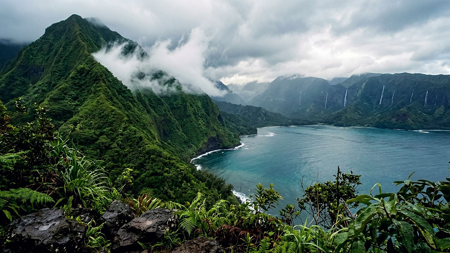 A steep green ridge above a wide bay with low cloud caught halfway down the slope after rain
