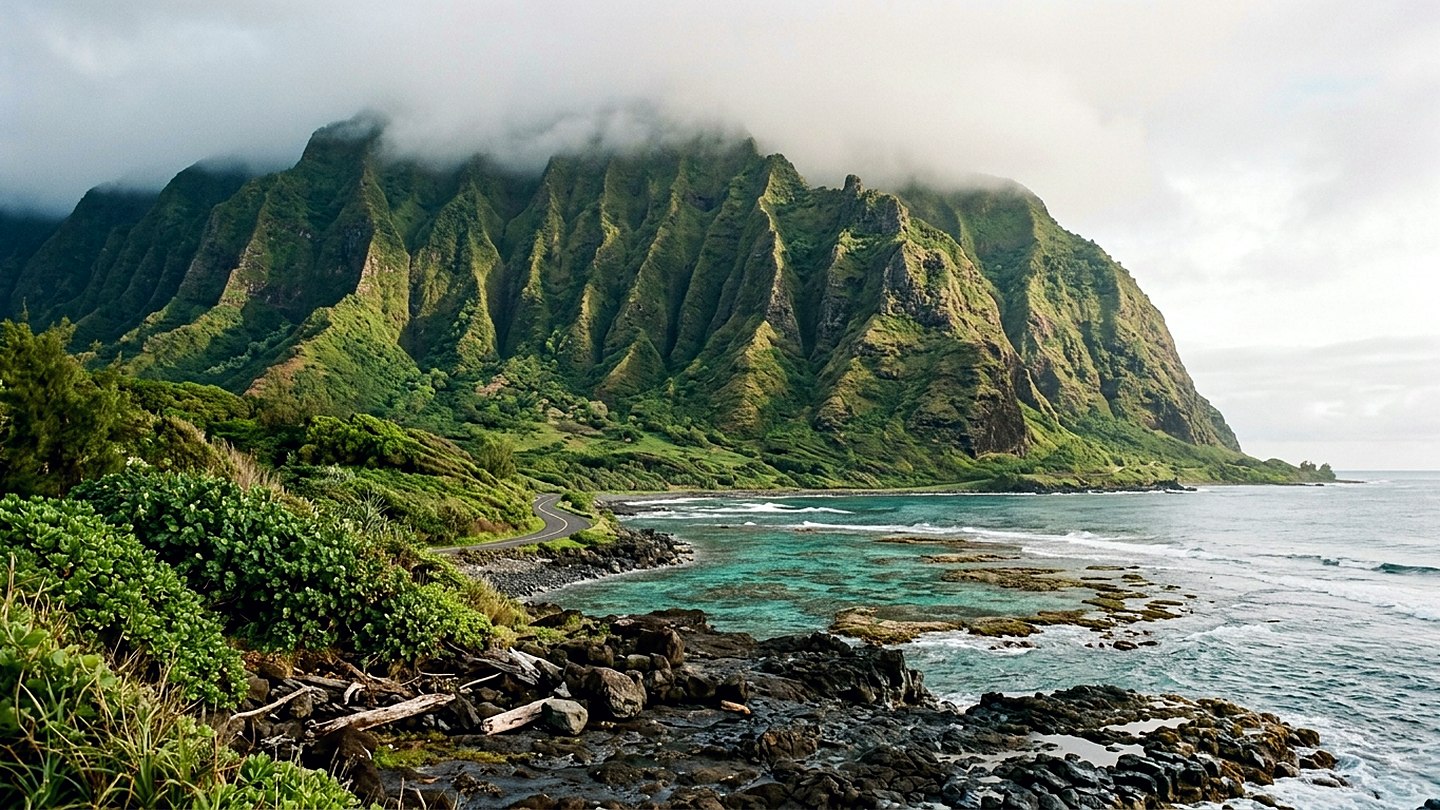 A green mountain wall in low cloud rising above a narrow coastal road and a turquoise reef flat