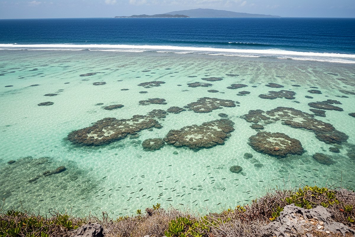 Pale green reef shallows seen from a headland at midday with dark coral heads showing through