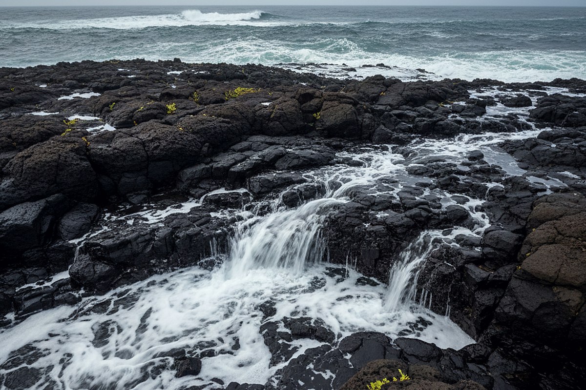 A wet basalt shelf with foam draining off it in long white threads