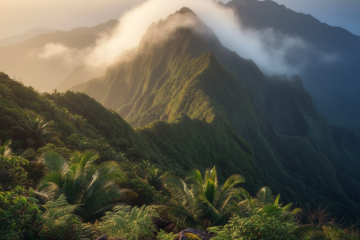 Cloud tearing off a green ridge in early morning light