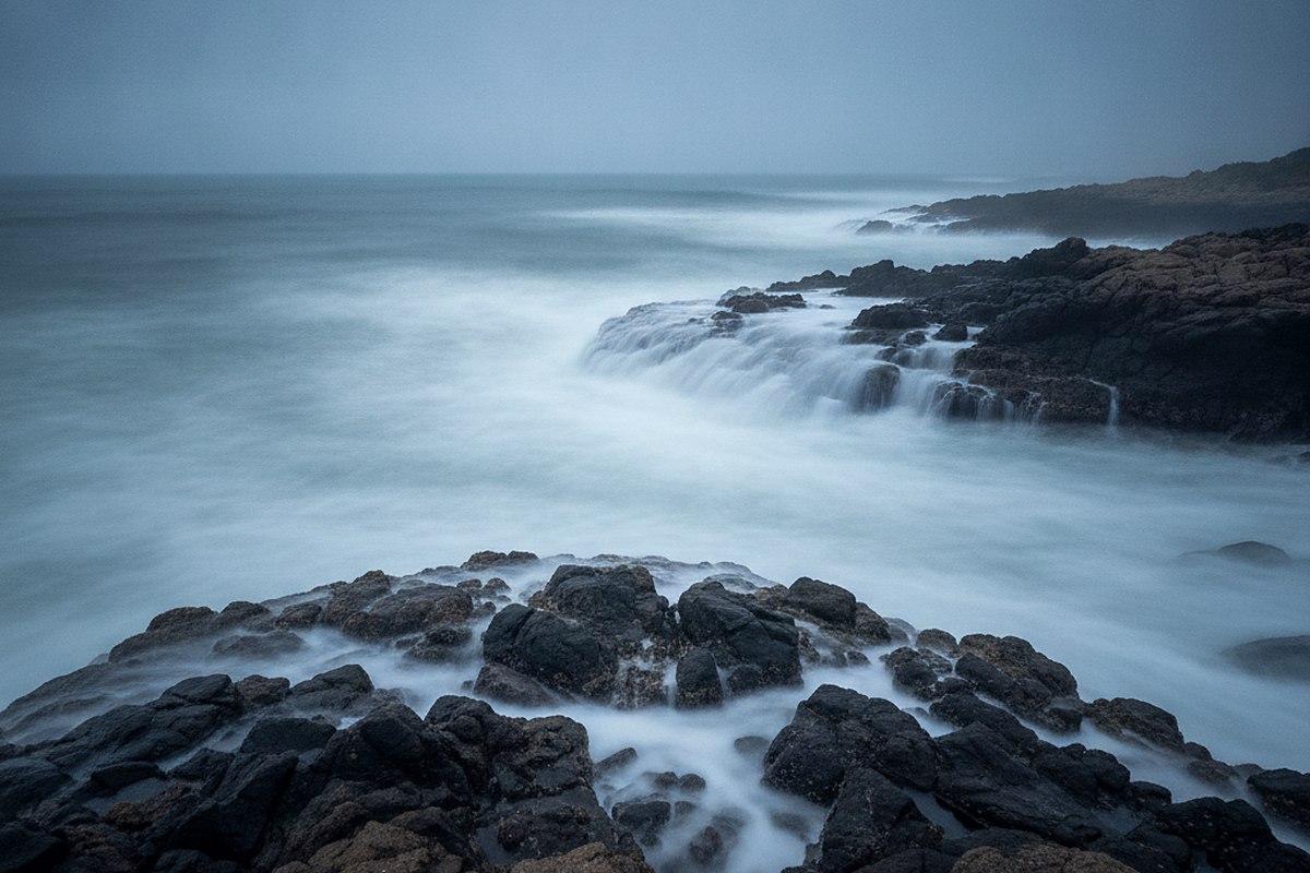 Long exposure of swell over rock at dusk in soft blue light