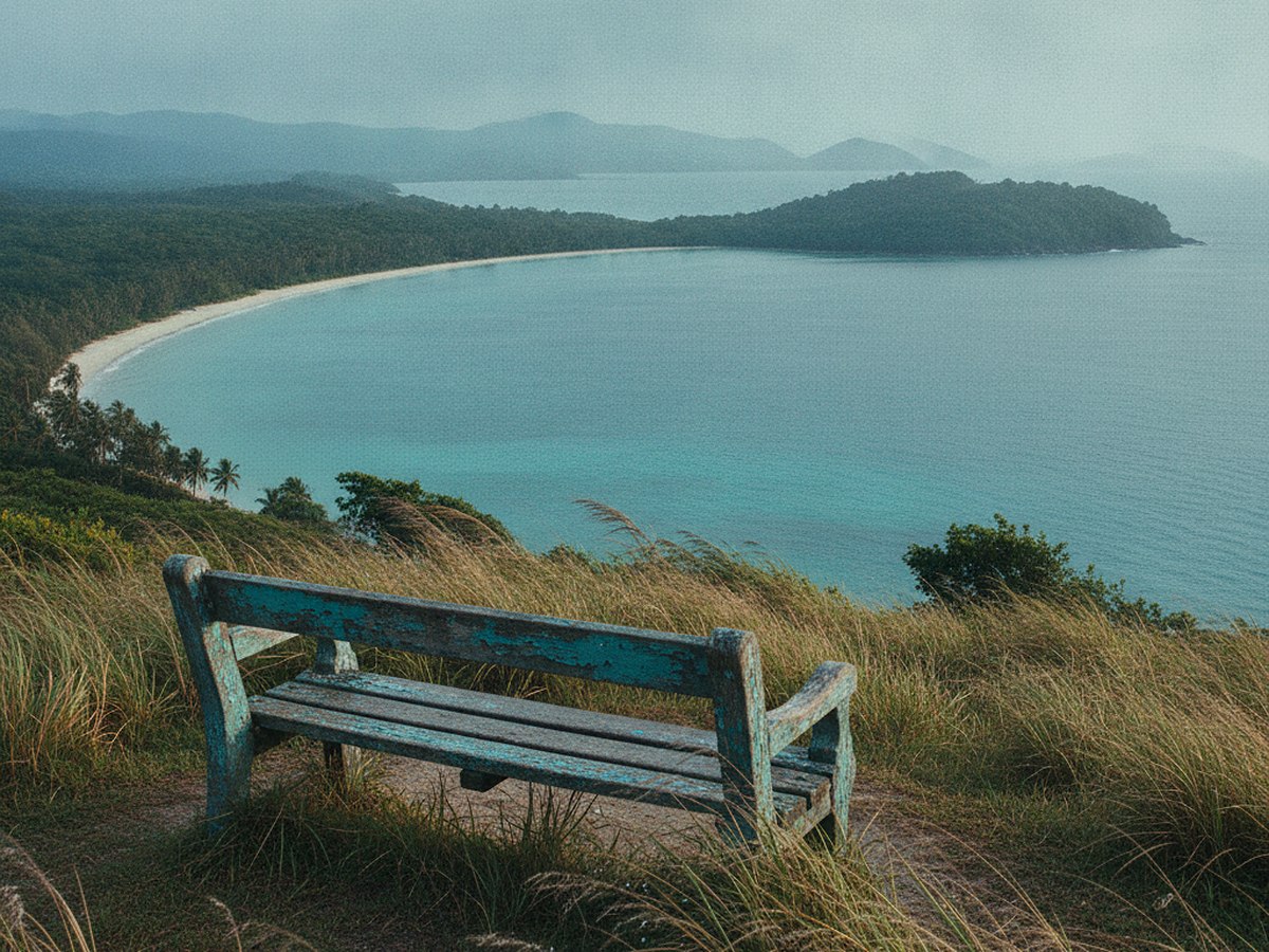A weathered wooden bench facing an empty bay under flat afternoon light